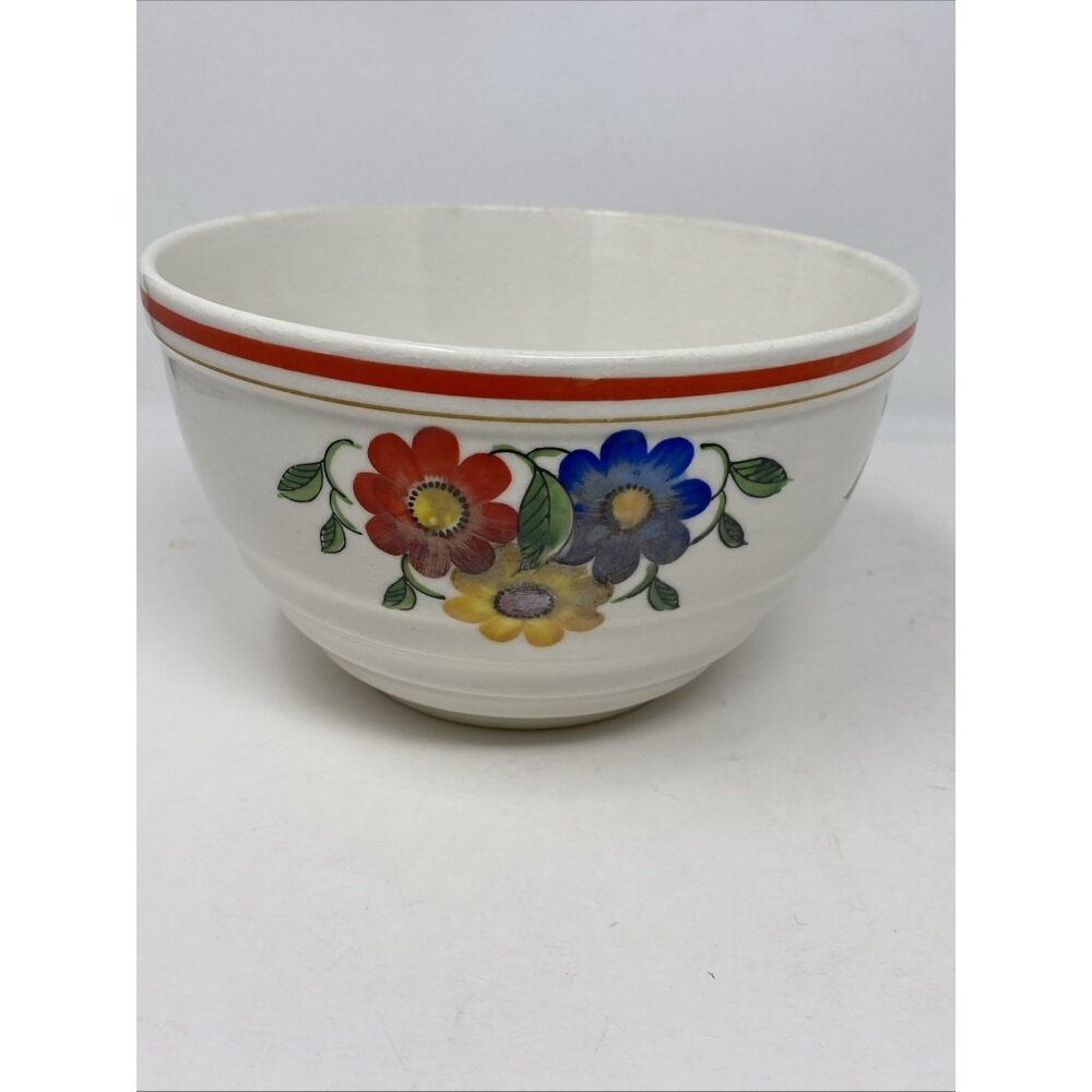 Vintage Red Blue Yellow Floral Mixing Bowl 7” Made In Japan Red Rim
